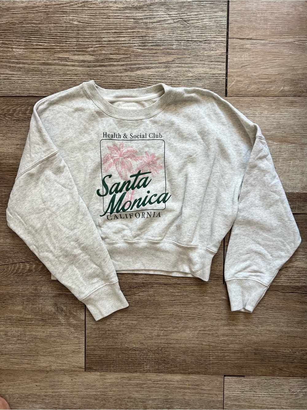 Abercrombie & Fitch Cream Cropped Santa Monica Sweatshirt with Pink Palm
